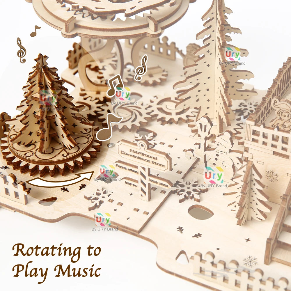 3D Wooden Puzzle Christmas Amusement Park Deer Carriage Music Box with Light Assembly Toy for Kid DIY Model Decoration for Gifts