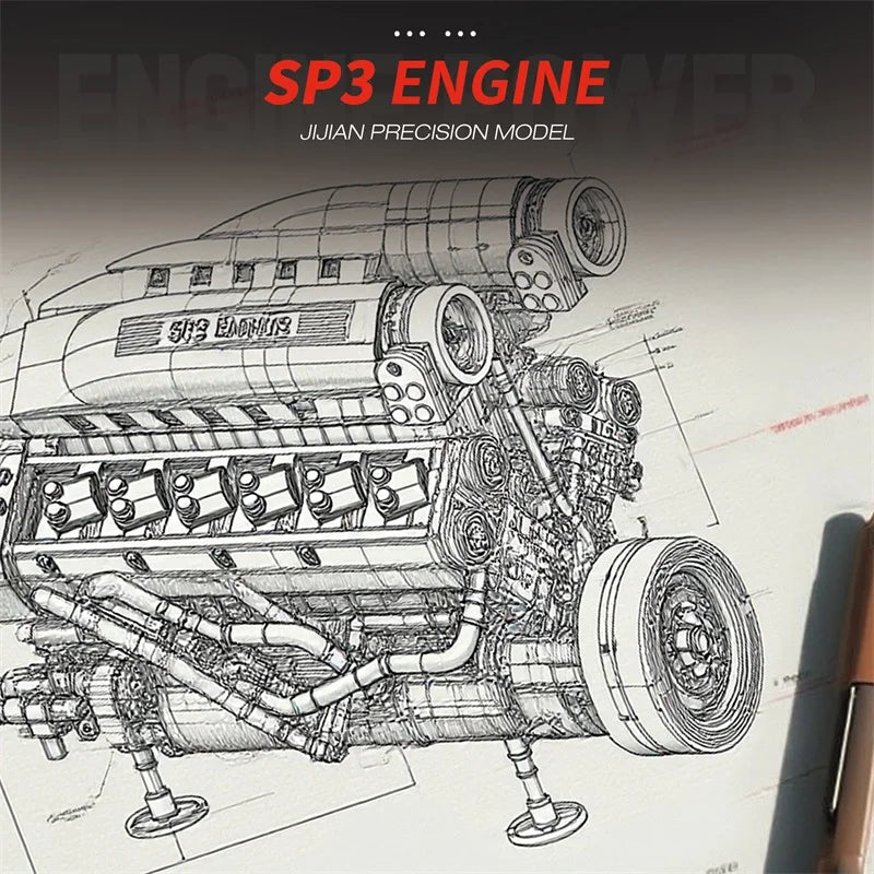 MOC Mechanical SP3 Engine Model 1240PCS Building Blocks Set with Power Motor Technical Assembling Toys for Children Xmas Gift