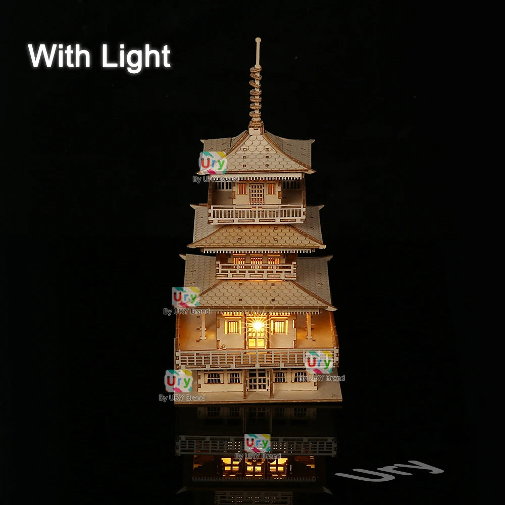URY 3D Wooden Tower Ancient Pagoda Chinese Traditional Puzzle with Light DIY Model Game Assembly Desktop Toy Gift for Kids Adult