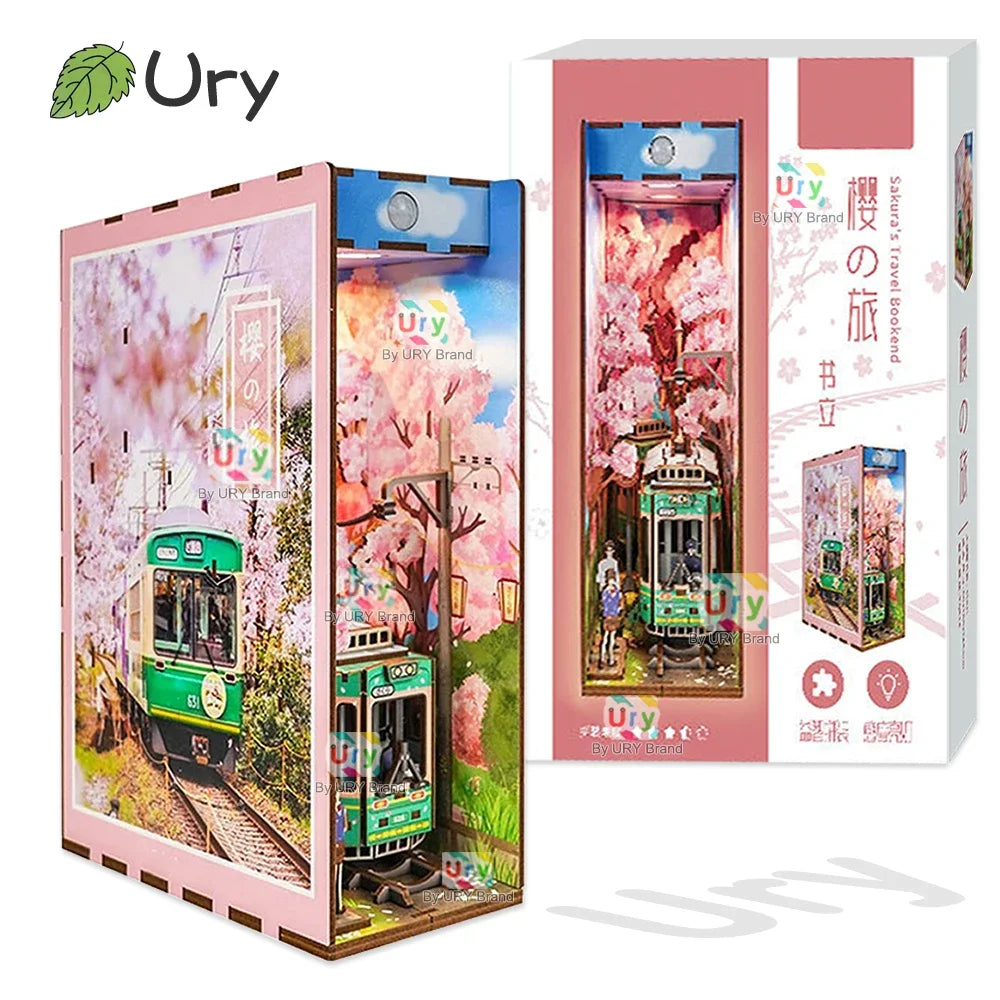 Ury 3D Wooden Puzzle Magic Japanese Style Cherry Blossoms Sakura Tram Station LED DIY Book Nook Shelf Insert for Girls Xmas Gift