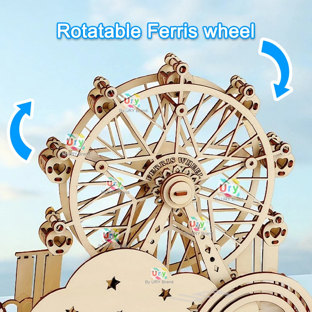 Ury 3D Wooden Puzzles Mini Amusement Park Ferris Wheel Hot Air Balloon Model Assembly Kits Decoration Toy Gift for Kids Adults