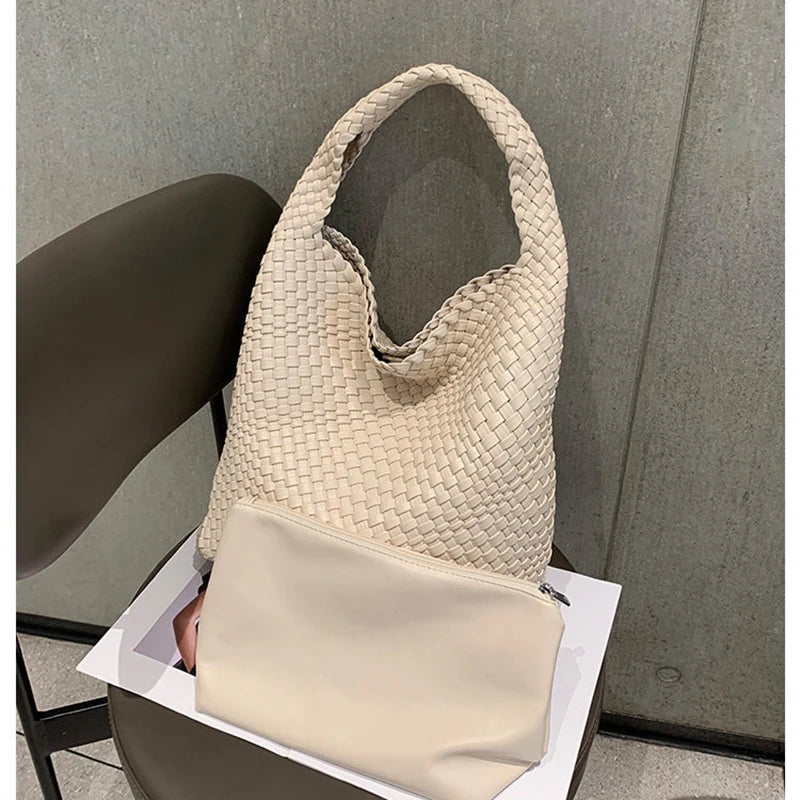 2025 Fashion Soft Hobo Weave Shoulder Handbag With Insert Organizer Woven Vegan Leather Top-handle Tote All-Match Underarm Bag
