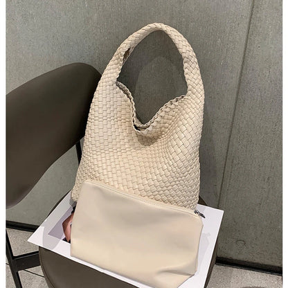 2025 Fashion Soft Hobo Weave Shoulder Handbag With Insert Organizer Woven Vegan Leather Top-handle Tote All-Match Underarm Bag