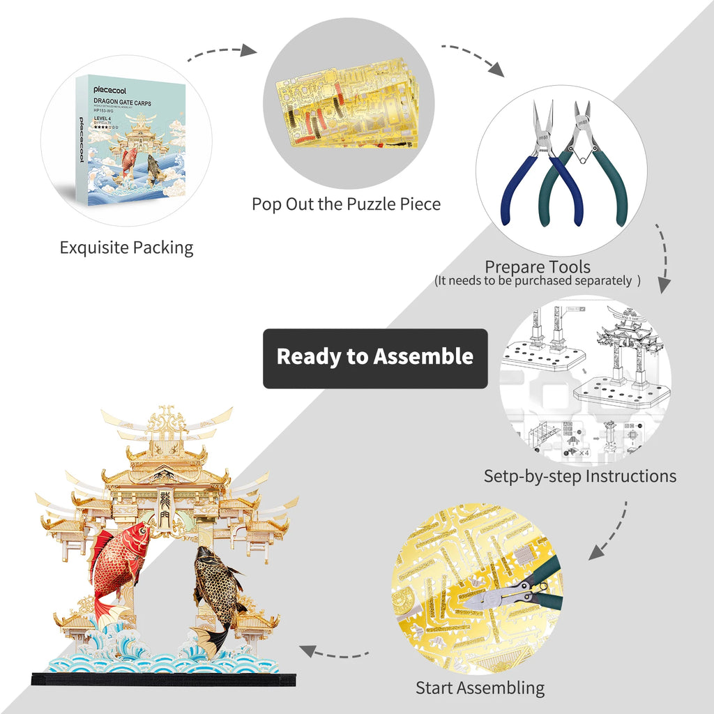 Piececool 3D Metal Puzzles DRAGON GATE CARPS Model Kits DIY for Adults Brain Teaser Teen Toys Gifts