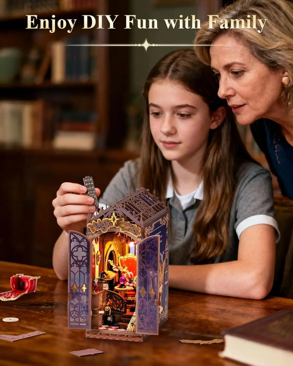 Robotime Rolife Book Nook Kits Magic Fantasy Corner DIY Booknook with Lights Miniature House Kit 3D Wooden Puzzle Bookshelf Gift