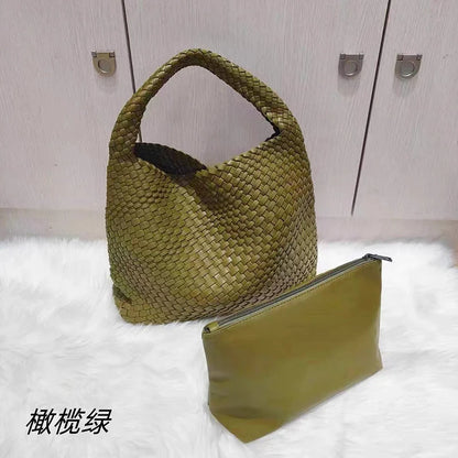 2025 Fashion Soft Hobo Weave Shoulder Handbag With Insert Organizer Woven Vegan Leather Top-handle Tote All-Match Underarm Bag