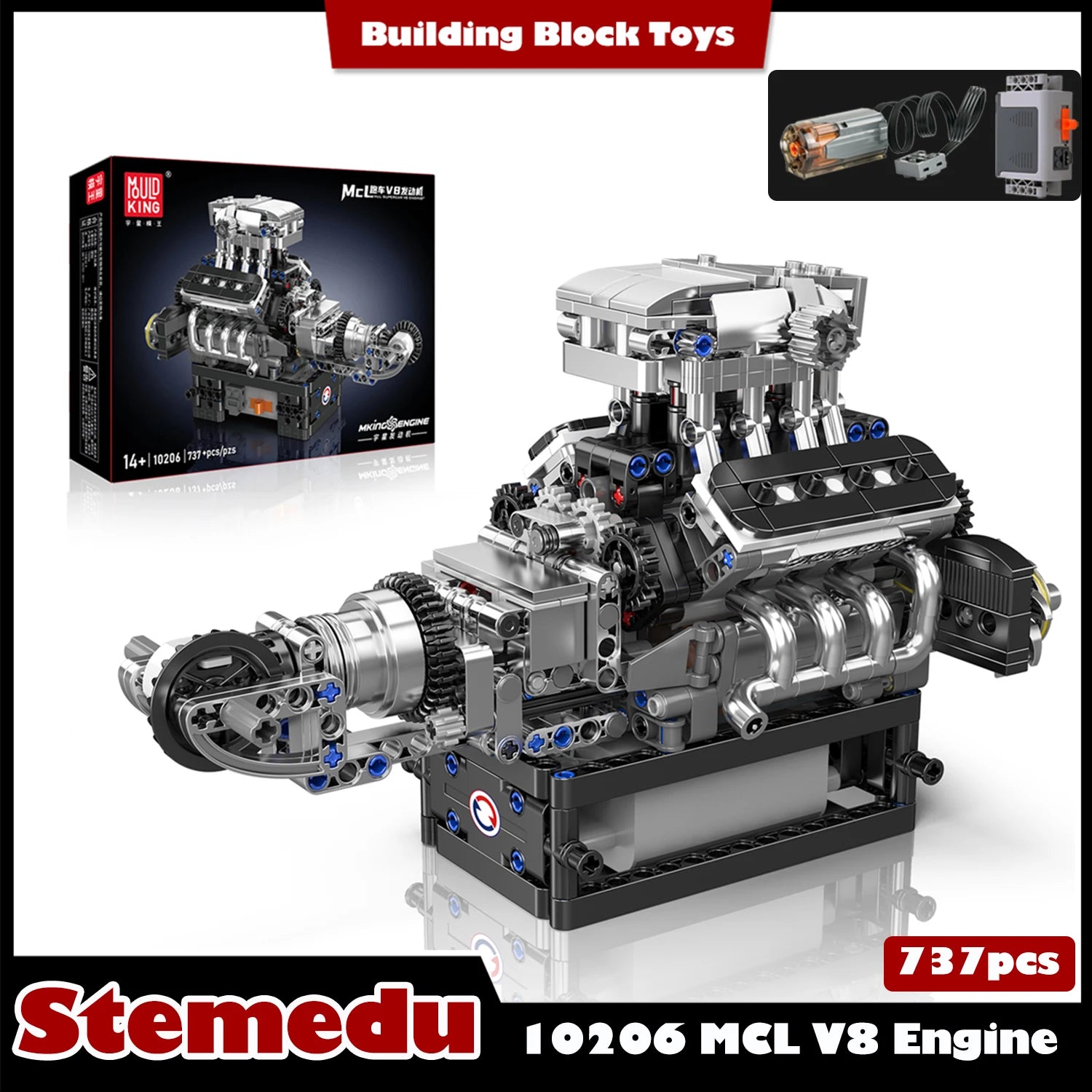 737pcs Brick 10206 V8 Engine Model kit That Runs, 8-Cylinder Petrol Engine Combustion Battery/Motor Blocks Sets STEM Toy Gift