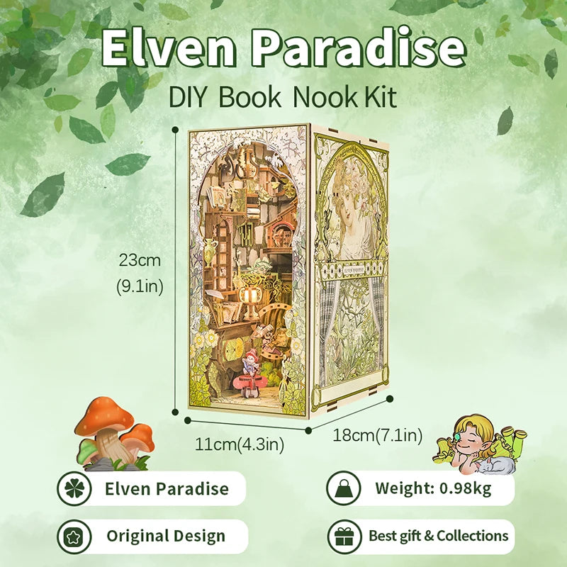 CUTEBEE DIY Gifts Ideas Book Nook Kit Crafts Wooden Doll House Touch Light Elven Paradise Diorama Bookshelf Insert Decor Model