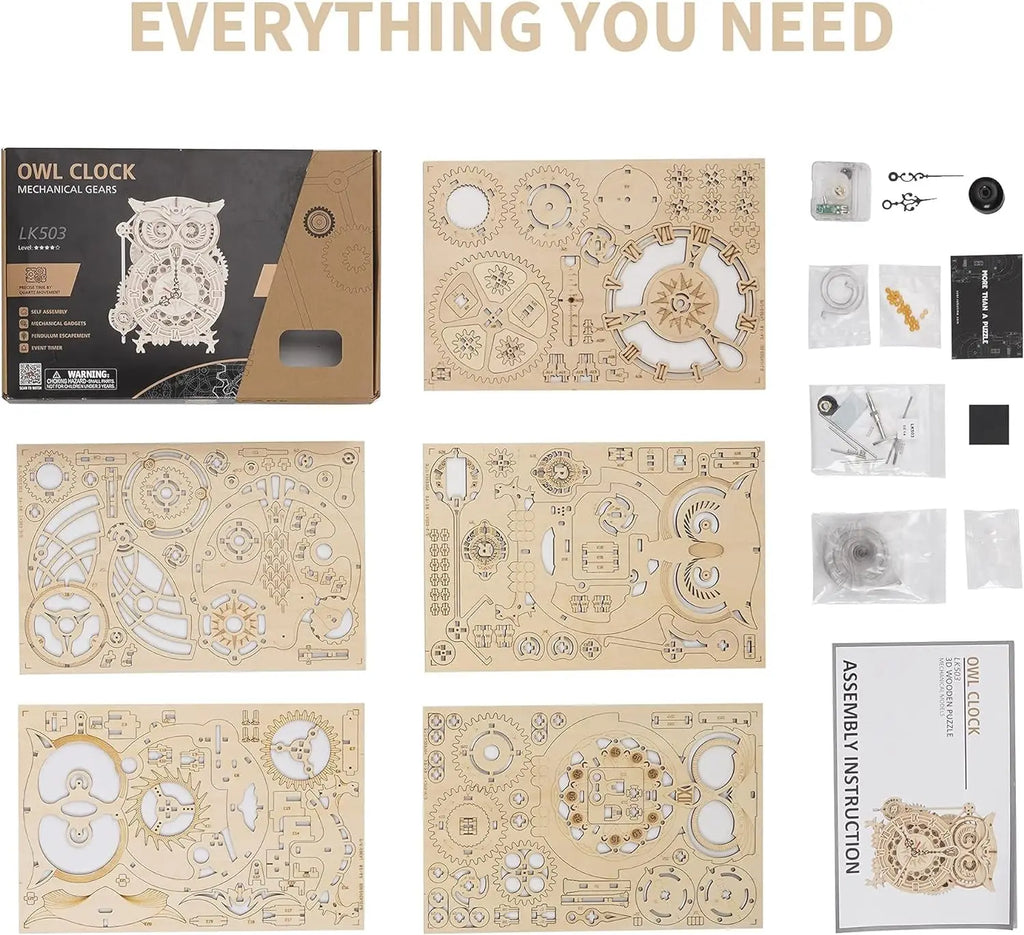 Robotime ROKR 3D Wooden Puzzle Owl Clock Model Building Kit Toys for Children Kids Boys LK503