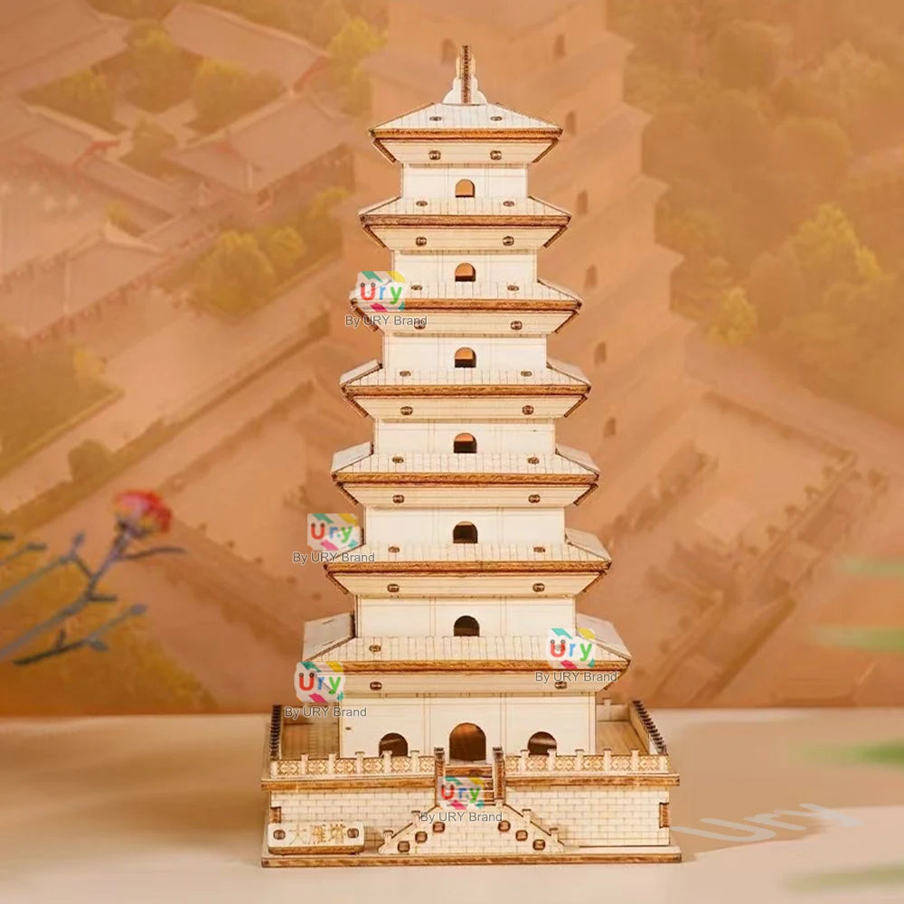 Ury 3D Wooden Puzzle Chinese Bell Tower Giant Wild Goose Pagoda Traditional Building DIY Model Assembly Desktop Gift for Adults