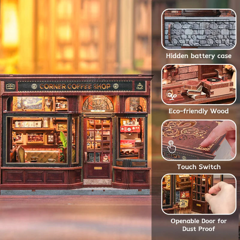 CUTEBEE Book Nook Kit DIY Doll House with LED Light Bookshelf Insert CORNER COFFEE SHOP Miniature Model For Birthday Family Gift