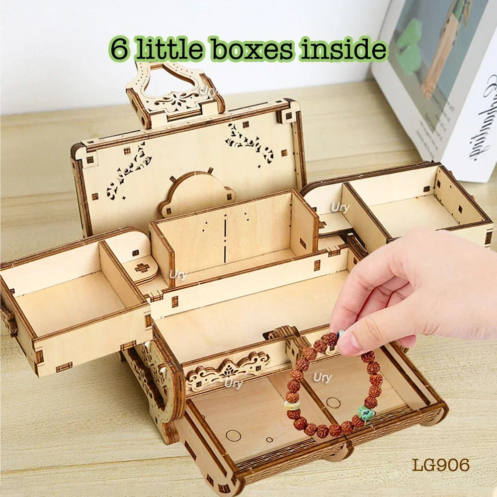 URY 3D Wooden Puzzle Antique Treasure Box Dressing Case DIY Game Advanced Assembly Model Toys Creative Gift for Lady Girls