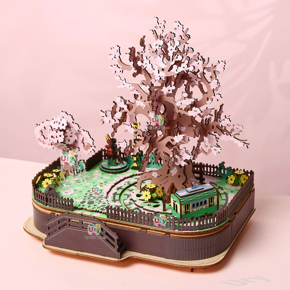 Ury 3D Wooden Puzzle Colorful Cherry Blossom Tree Rotatable Tourist Train Music Octave Box Model Assembly DIY Toy Gift for Adult