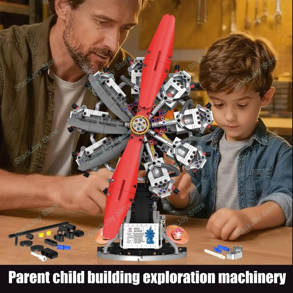 K96214 1100PCS Radial Aircraft Engine Model Light Version 9-Cylinder Building Kit with Realistic Mechanics for Adults  Teens