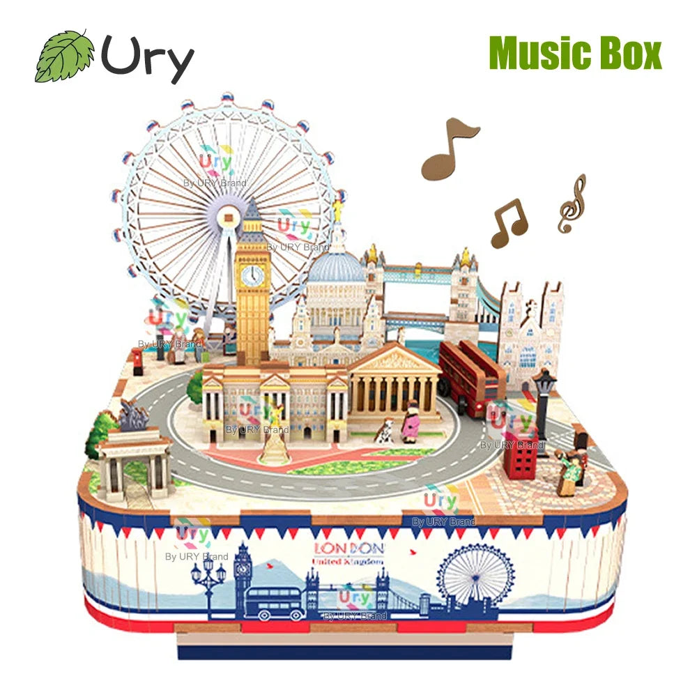 Ury 3D Wooden Puzzles Ferris Wheel London Scenery Rotatable Tour Bus  Bridge Music Box Model Kit Assembly DIY Toy Gift for Adult