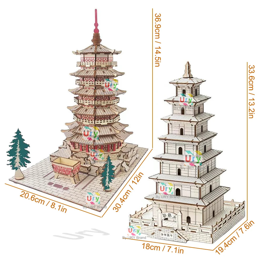 3D Wooden Puzzle Chinese Ancient Pagoda Architecture Mortise and Tenon Tower Model DIY Kits Toys Desk Decoration Gifts for Kids