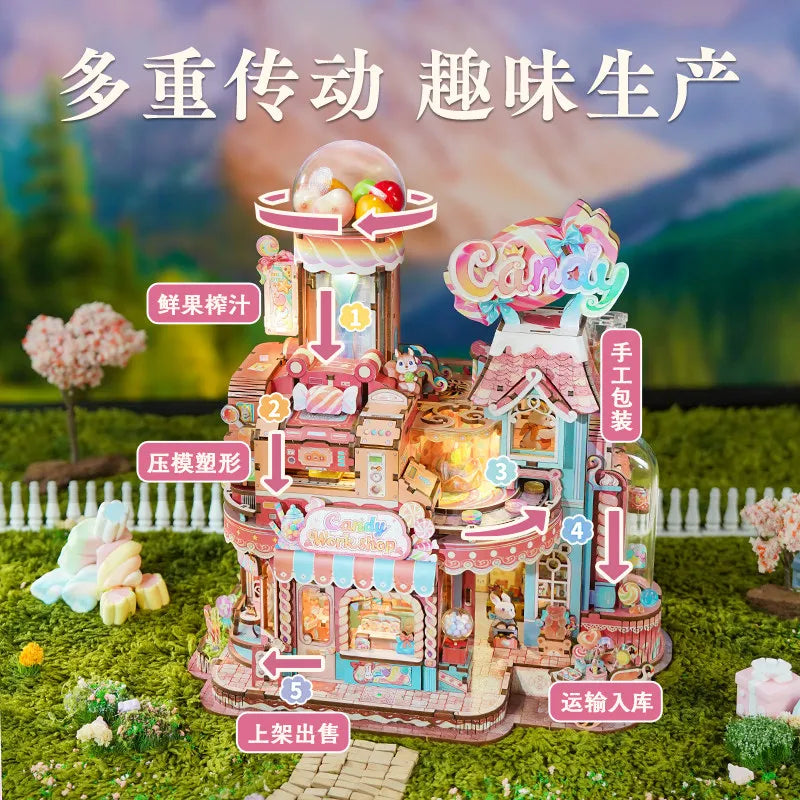 Tonecheer Candy Workshop Christmas DIY Wooden Puzzle Dollhouse Diorama Transmission Model Kit 3D Wooden Decoration Birthday Gift