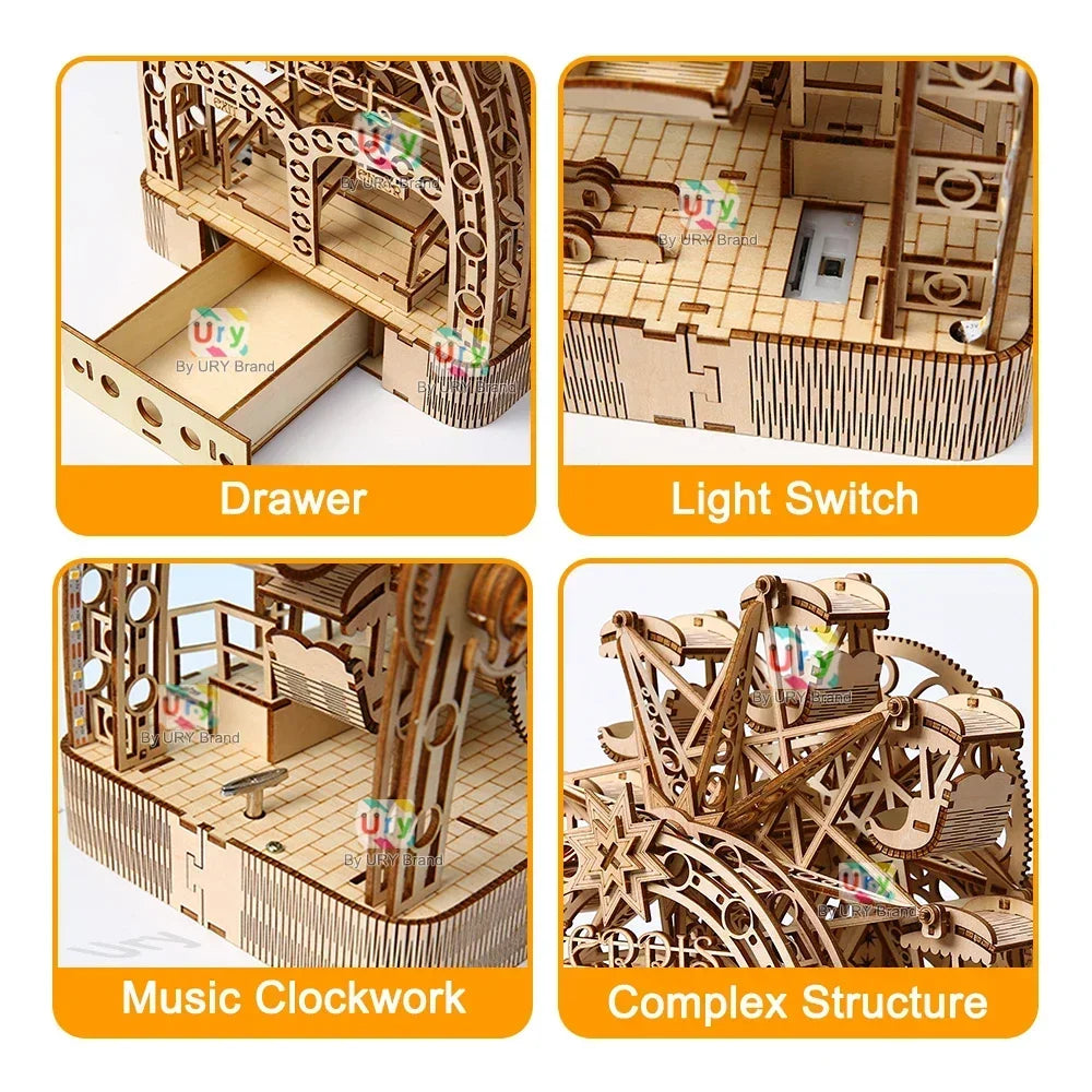 Ury 3D Wooden Puzzles Led Hand-driven Rotatable Ferris Wheel Music Box Model Mechanical Assembly Decor DIY Toy Gift for Adult