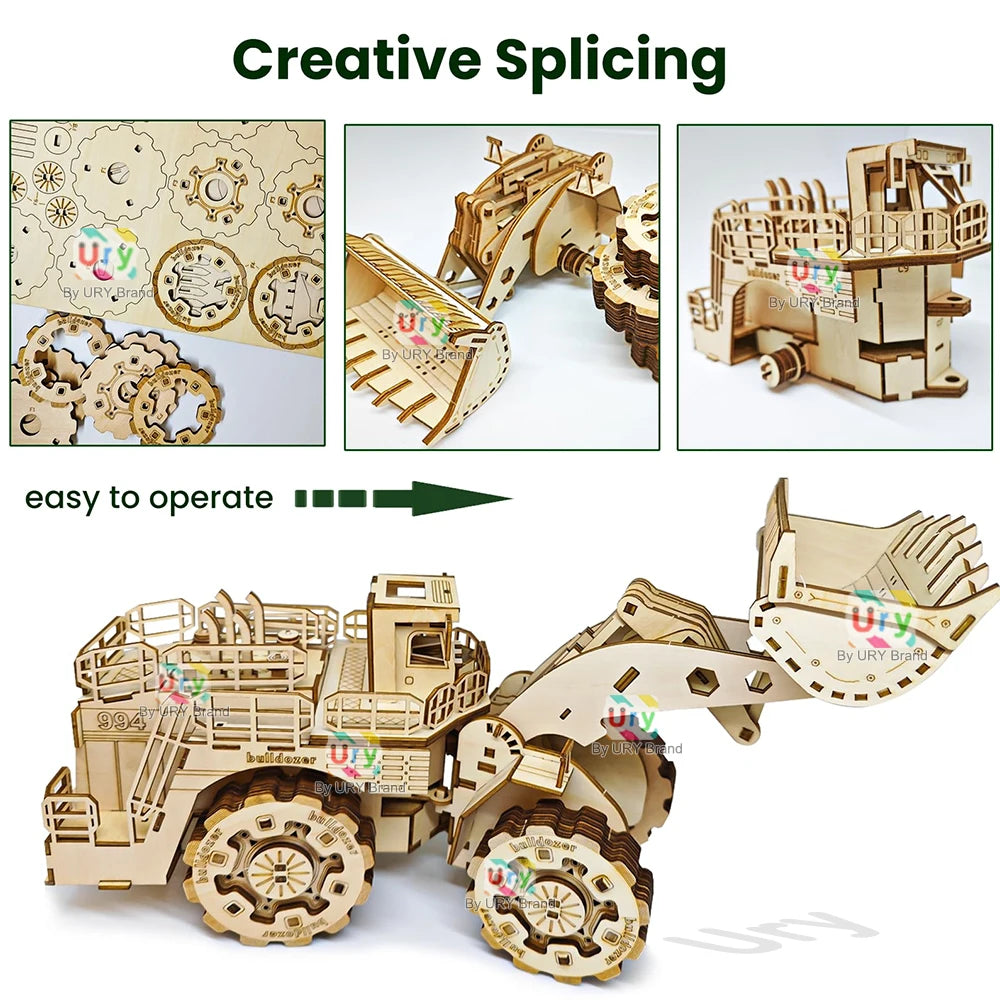 Ury 3D Wooden Puzzle Movable Engineering Vehicle Forklift Bulldozer Assembly Truck Car Model DIY Toys Decoration Gift for Kids