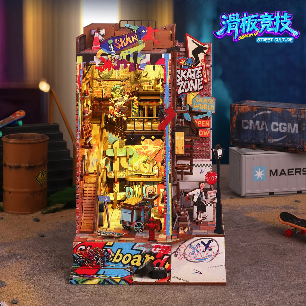 Dynamic Skatepark Diorama Kit - Action-Packed 3D Wooden Bookend, Unique DIY Model for Home Decor and Collection