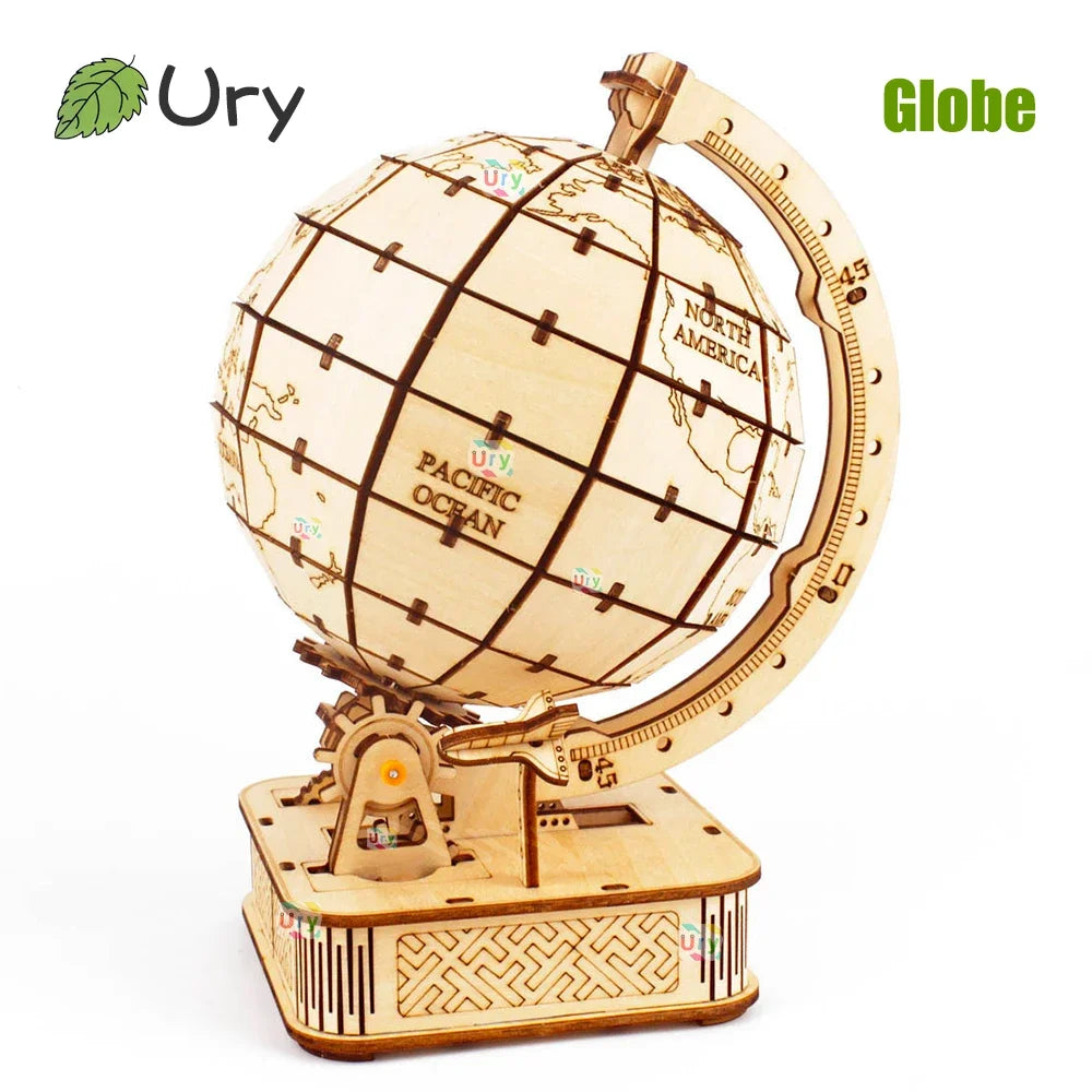 Ury 3D Wooden Puzzle Globe Rotatable Model Mechanical Gear Kit Building Block Toy Hand Assembly Decoration Gift for Kids Adult