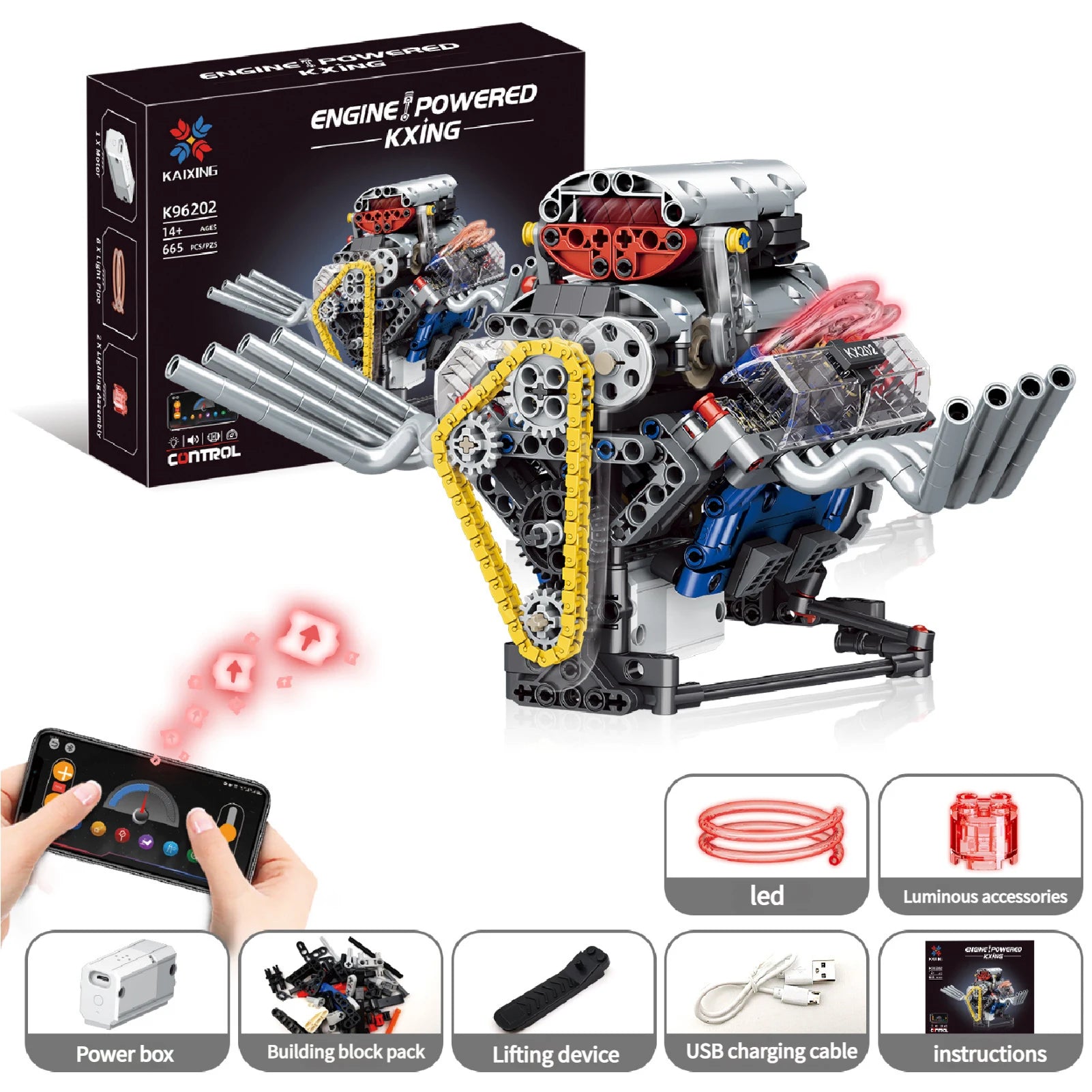 KAIXING K96203 660PCS Motorized V8 Engine Building Kit with LED & APP Control STEM Educational Toys