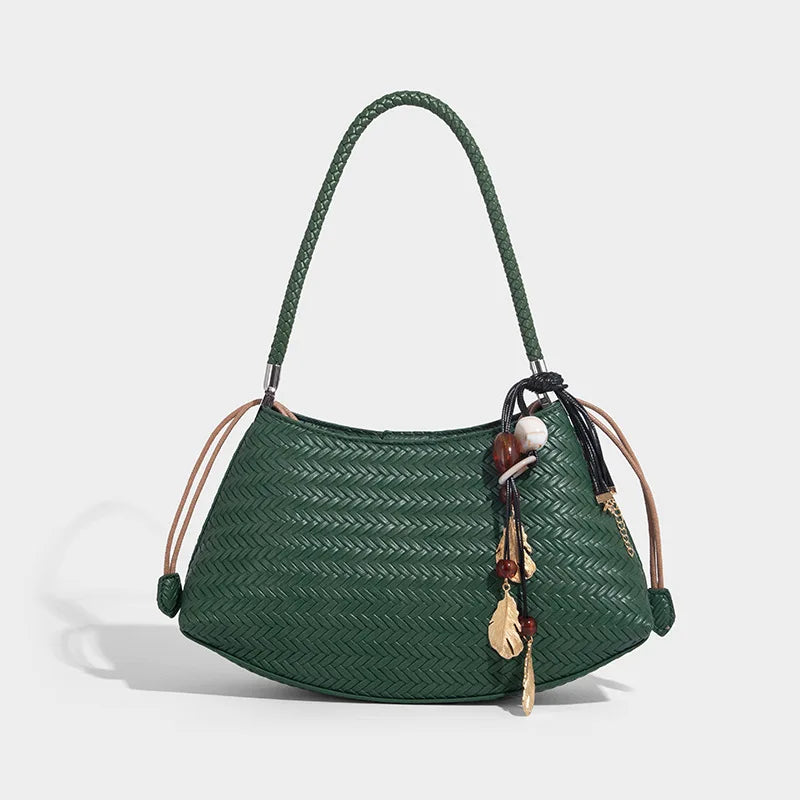 Handmade Weave PU Drawstring Tote Bags For Women Luxury Designer Handbags Purse 2025 New Vintage With Inner Pocket Shoulder