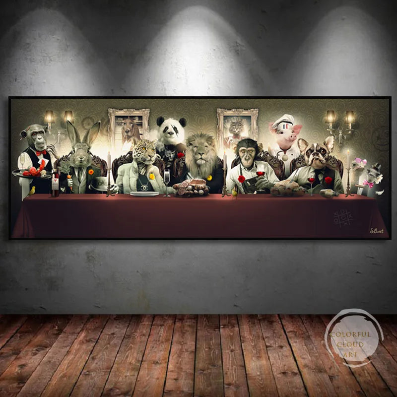 Funny The Last Supper Art Gorilla, Leopard, Lion, French Bulldog Posters Animals Canvas Painting Wall Art Living Room Home Decor