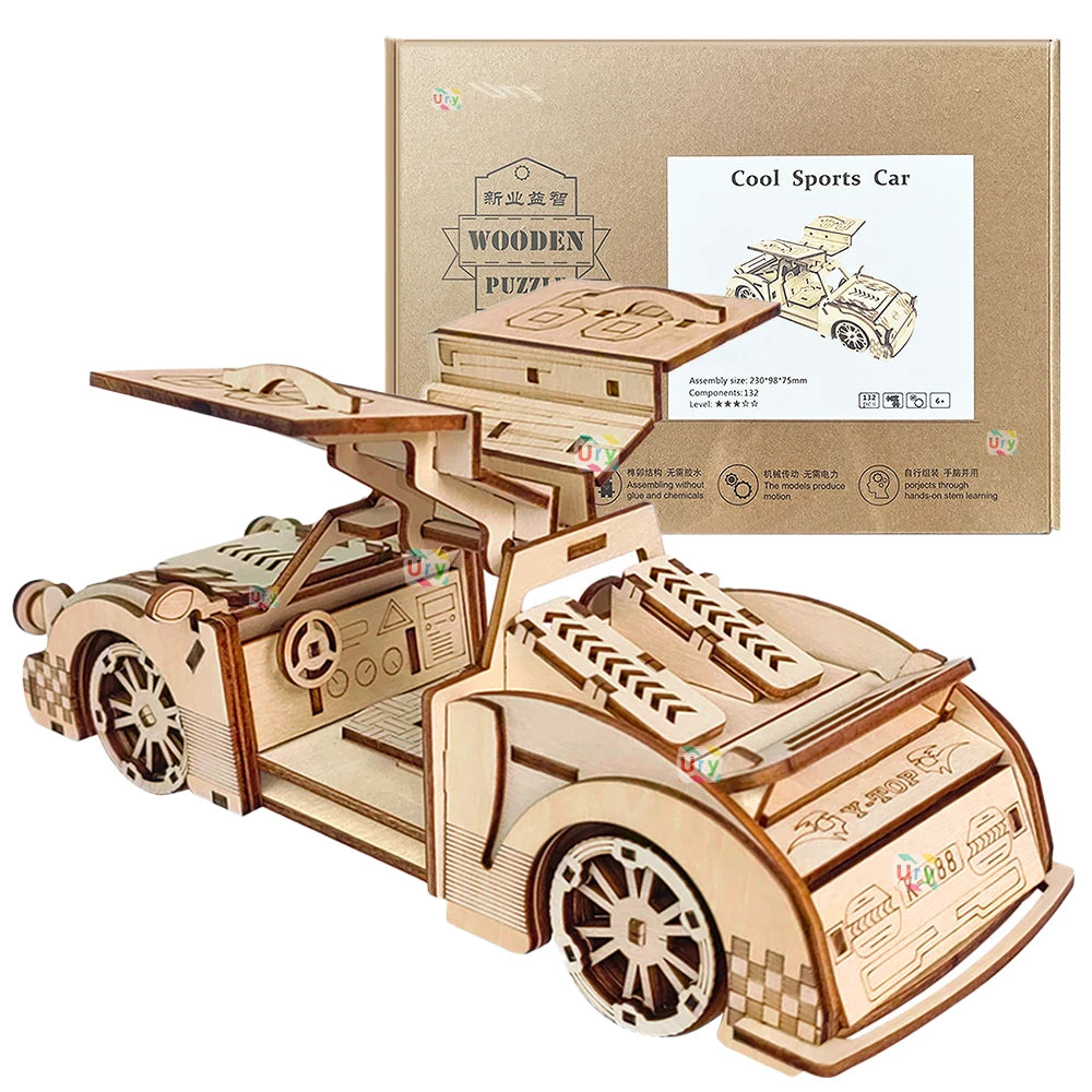 Ury 3D Wooden Puzzle Truck Sports Car Off-Road Unloading Movable Retro Vehicle Assembly Model DIY Decoration Gift for Kids