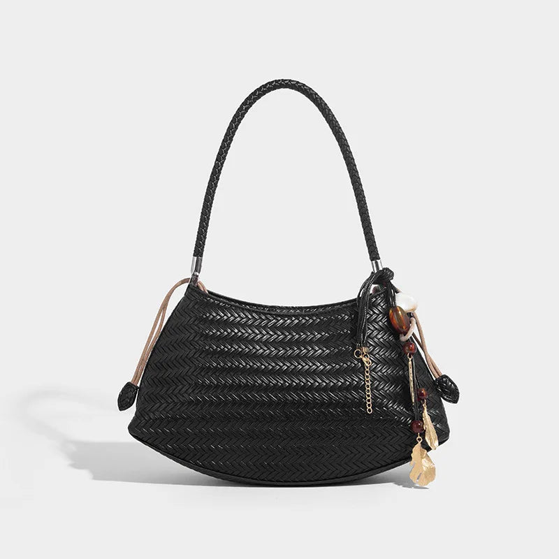 Handmade Weave PU Drawstring Tote Bags For Women Luxury Designer Handbags Purse 2025 New Vintage With Inner Pocket Shoulder