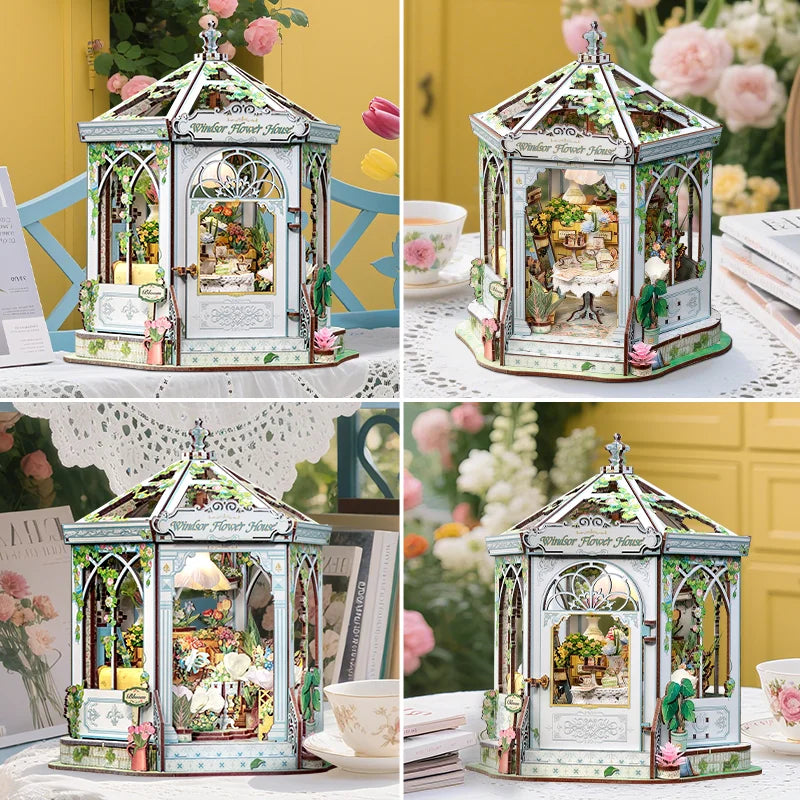 CUTEBEE DIY Book Nook Kit Windsor Flower House Wooden Bookshelf Insert 3D Building Model Miniature Dollhouse for Adults Gift