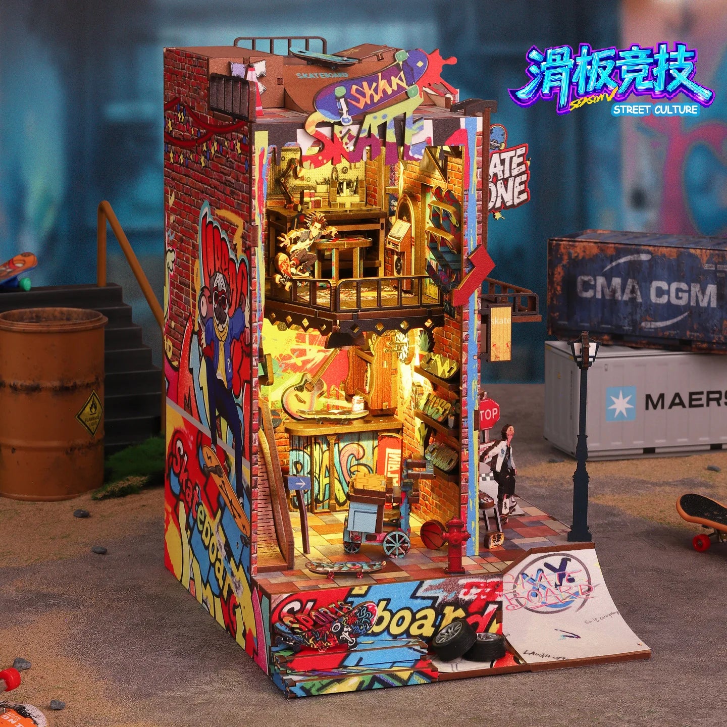 Dynamic Skatepark Diorama Kit - Action-Packed 3D Wooden Bookend, Unique DIY Model for Home Decor and Collection