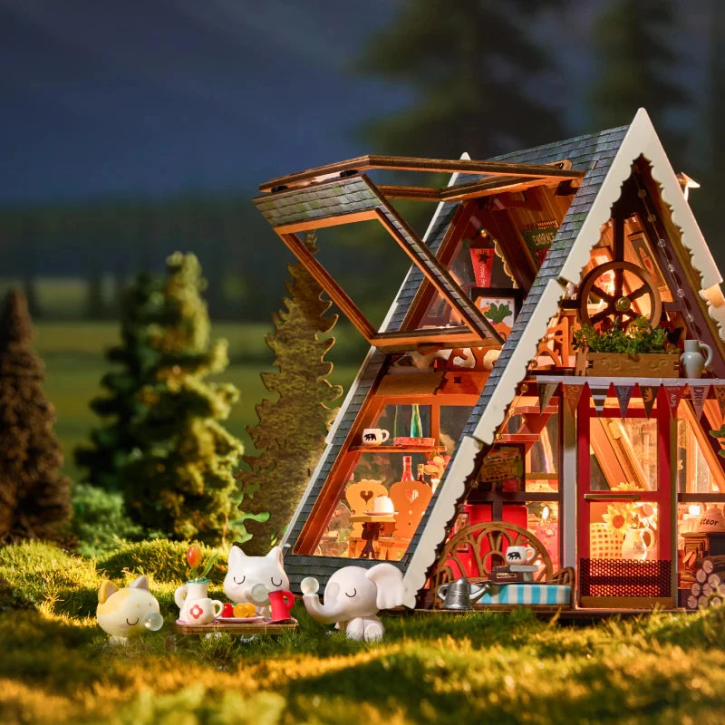 ROBOTIME Rolife A-Frame Cabin DIY Miniature House 3D Wooden Puzzle Therapeutic Home Decor Unique Valentine's Day Gift for Adults