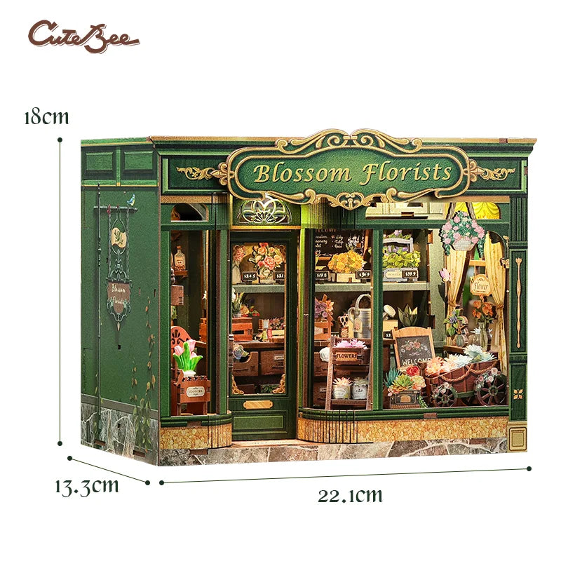 CUTEBEE Book Nook Kit DIY Doll House with LED Light Bookshelf Insert Blossom Florists Miniature Model For Birthday Family Gift