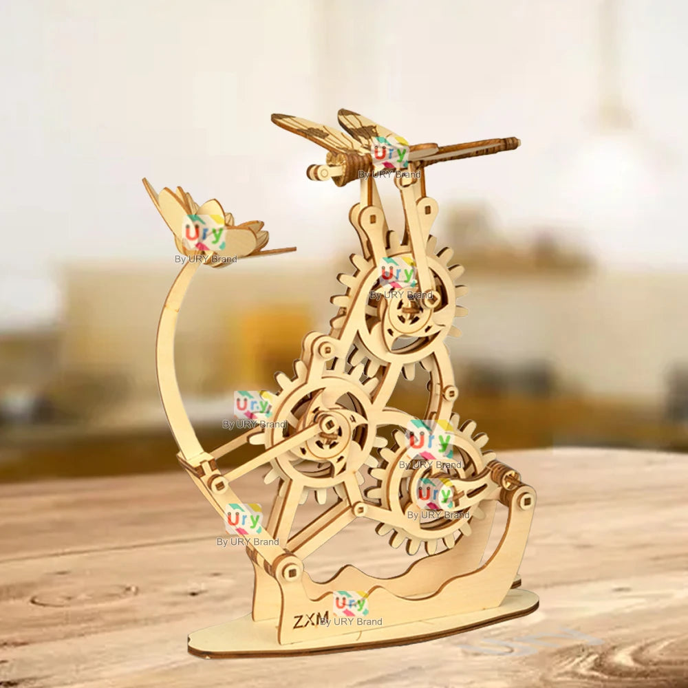 URY 3D Wooden Puzzle Mechanical Dragonfly Honey Harvesting DIY Insect Game Advanced Assembly Model Toys Creative Gift for Kids