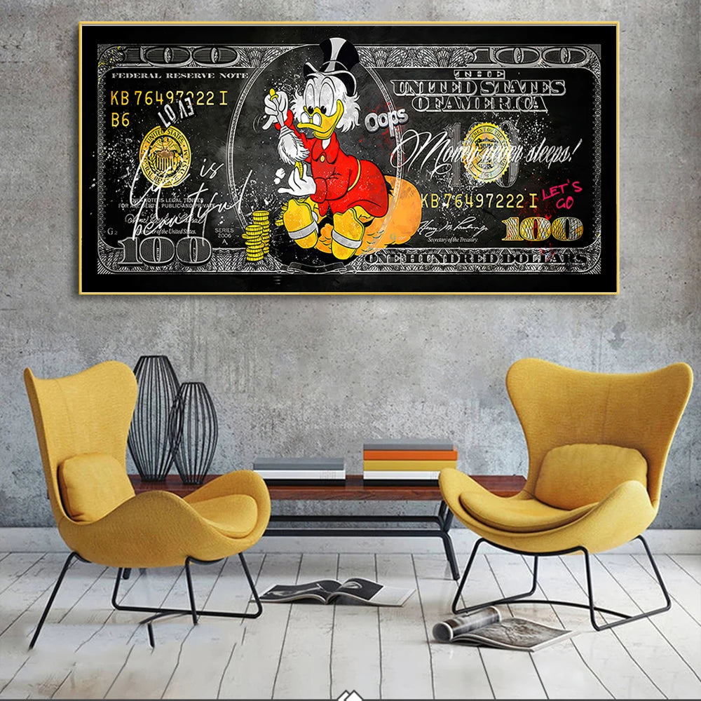 Scrooge McDuck 100 Dollars Pop Art Canvas Posters and Prints Modern Money Graffiti Art Paintings on the Wall Art Pictures Cuadro