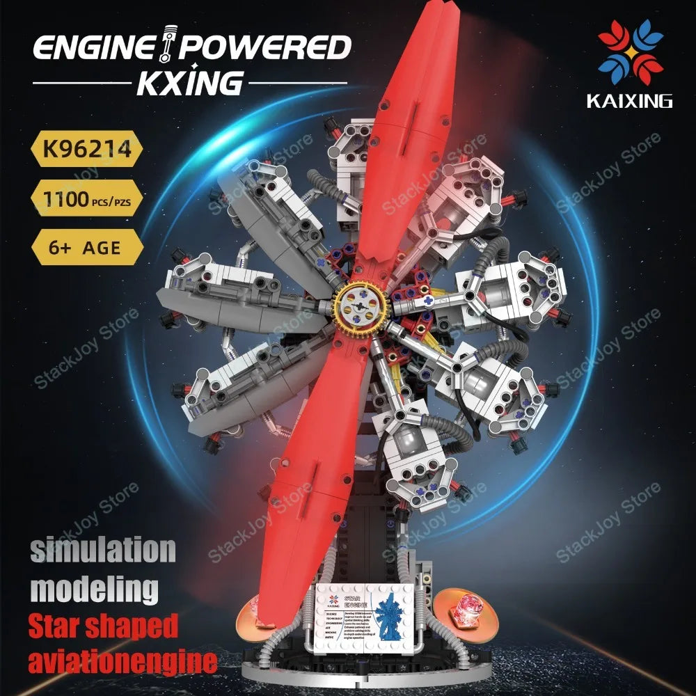 K96214 1100PCS Radial Aircraft Engine Model Light Version 9-Cylinder Building Kit with Realistic Mechanics for Adults  Teens