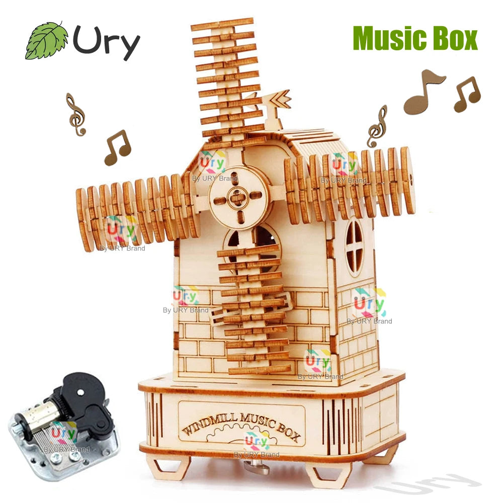Rotatable DIY 3D Puzzles Windmill Ferris Wheel Music Octave Box Wooden Model Mechanical Kits Assembly Decor Toys Gifts for Kids