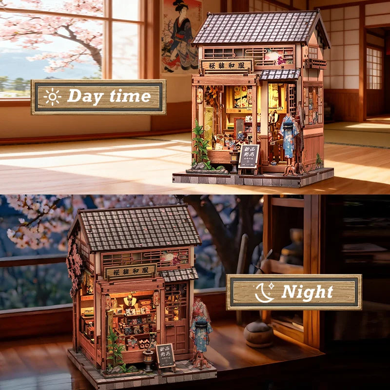 CUTEBEE Book Nook Kit DIY Doll House Wooden Puzzle Bookshelf Insert Miniature Model Christmas Gift for Sakura O kimono Shop