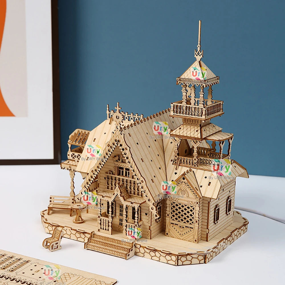 3D Wooden Puzzle Villa House Royal Castle with Light Assembly Toy Kid Adult DIY Model Kits Desk Decoration for Gift