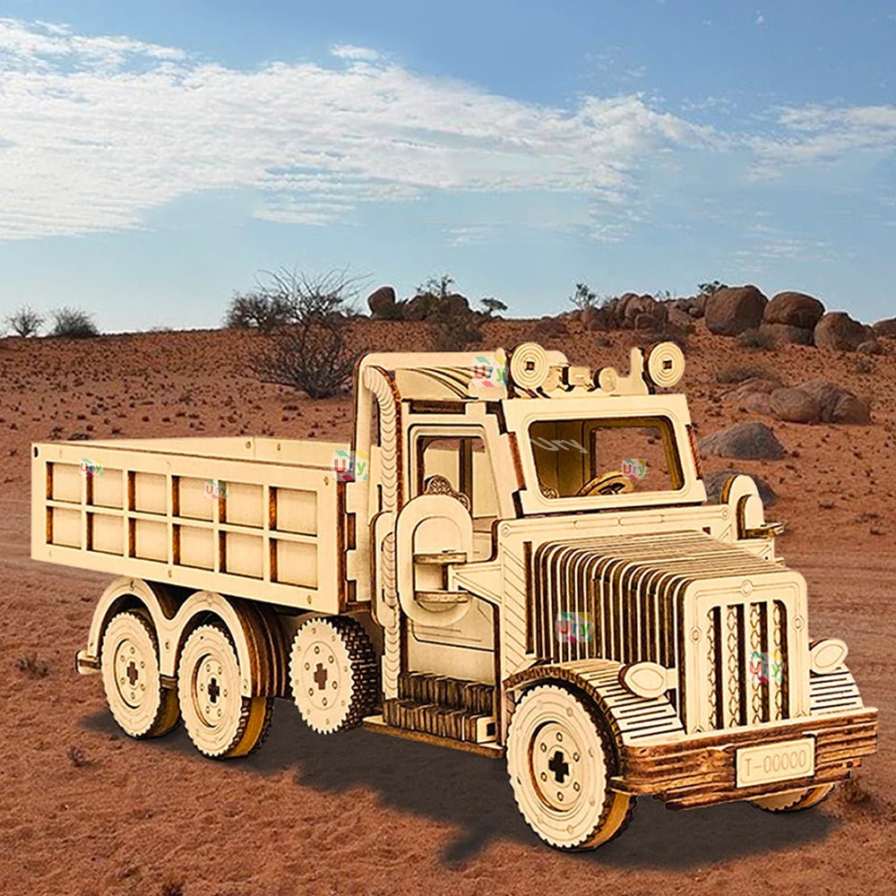 Ury 3D Wooden Puzzle Truck Sports Car Off-Road Unloading Movable Retro Vehicle Assembly Model DIY Decoration Gift for Kids