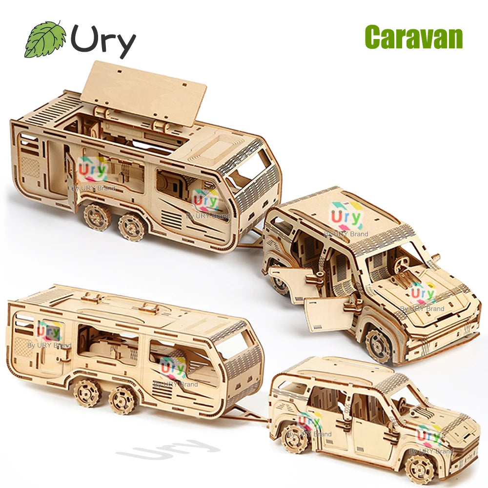 Ury 3D Wooden Puzzle Movable Caravan Travel Trailer Motor Home Handmade Assembly Truck Model DIY Toys Decoration Gift for Kids