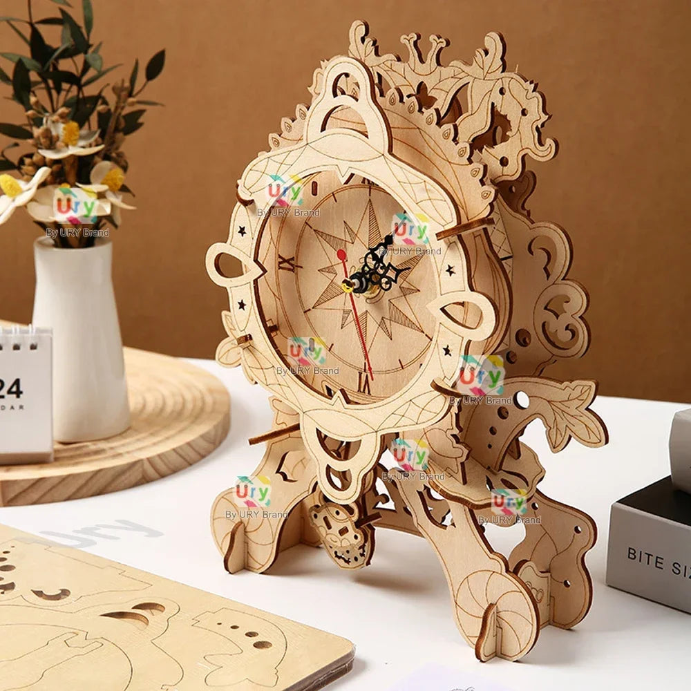 URY 3D Wooden Puzzle Retro Wall Clock Mechanical Model Building Luxurious Style Pendulum Assembly Home Decoration for Kids Gifts