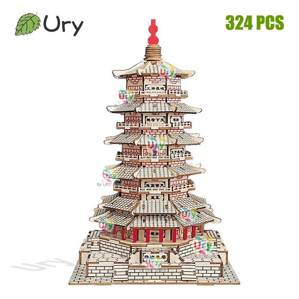 3D Wooden Puzzle Chinese Ancient Pagoda Architecture Mortise and Tenon Tower Model DIY Kits Toys Desk Decoration Gifts for Kids
