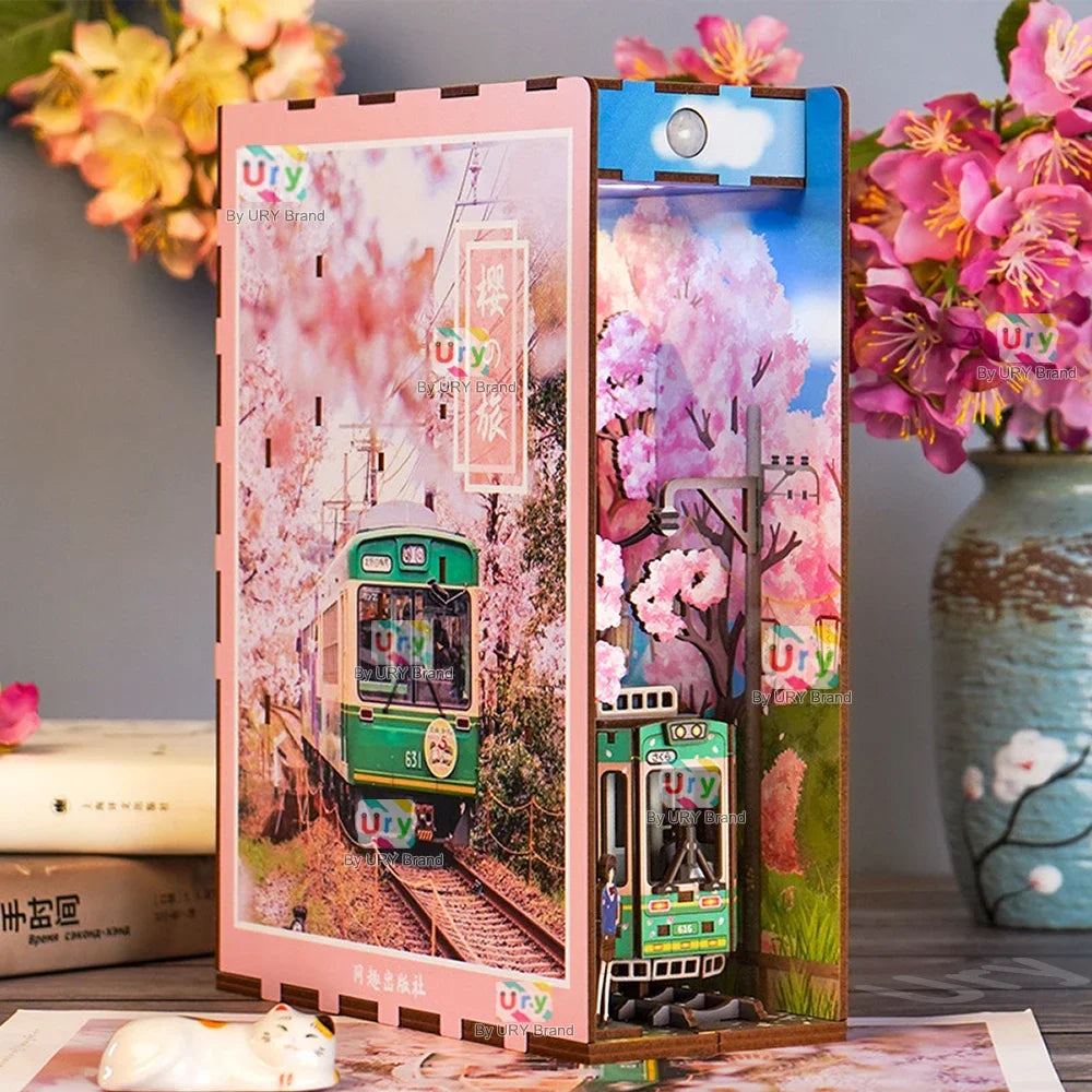 Ury 3D Wooden Puzzle Magic Japanese Style Cherry Blossoms Sakura Tram Station LED DIY Book Nook Shelf Insert for Girls Xmas Gift