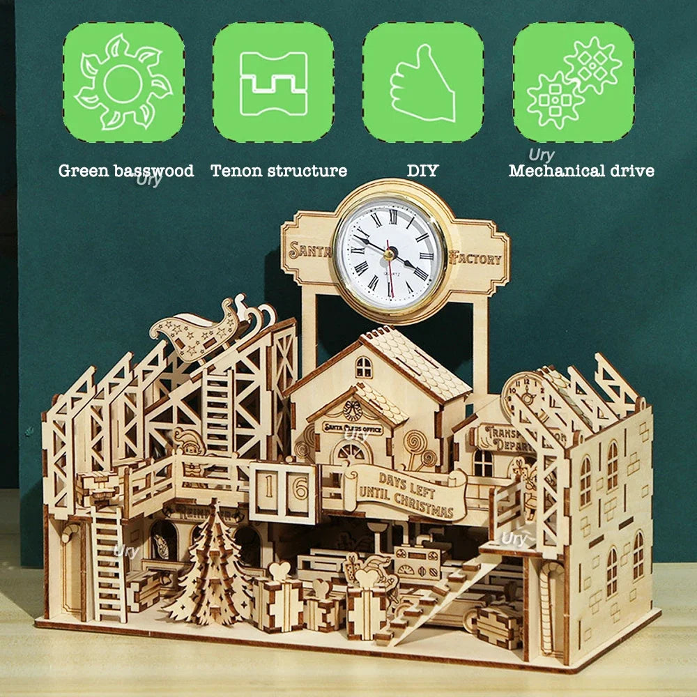 Ury 3D Wooden Puzzle Christmas Factory Table Clock Countdown Calendar Retro Toy for Kids Adults DIY Model Kit Decoration Gifts