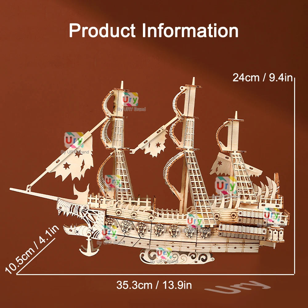 Ury DIY 3D Wooden Puzzle Retro Style Halloween Ghost Pirate Ship Model Toys Handmade Set Home Decoration Christmas Gift for Kids