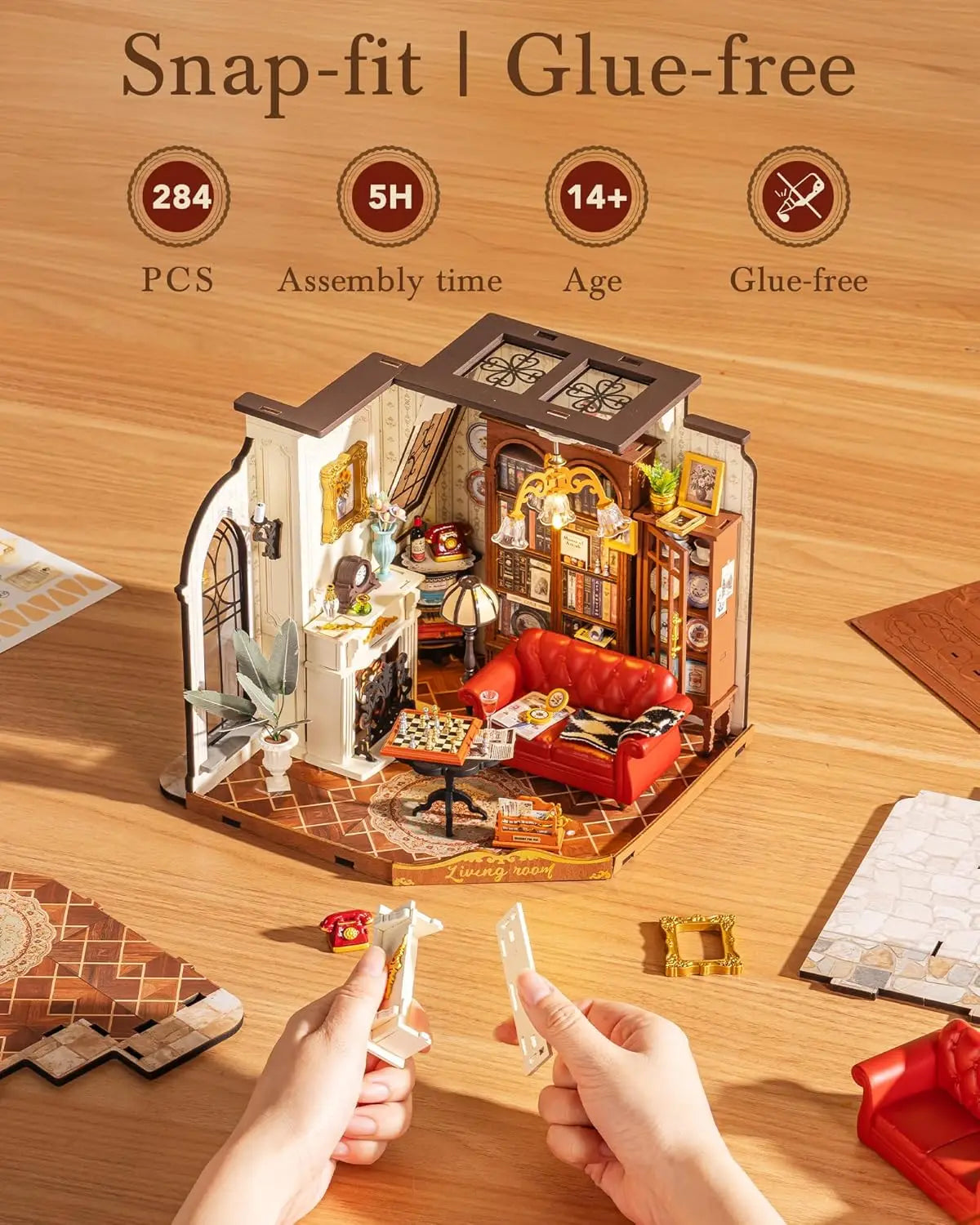 Robotime Rolife Catherine's Living Room DIY Miniature House Kit Wooden Dollhouse Model Building Kit With LED and Furniture DG175