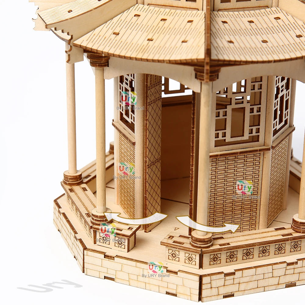 3D Wooden Puzzle Chinese Traditional Audience Pavilion Building DIY Model Game Assembly Desktop Toys Gift for Children Adults