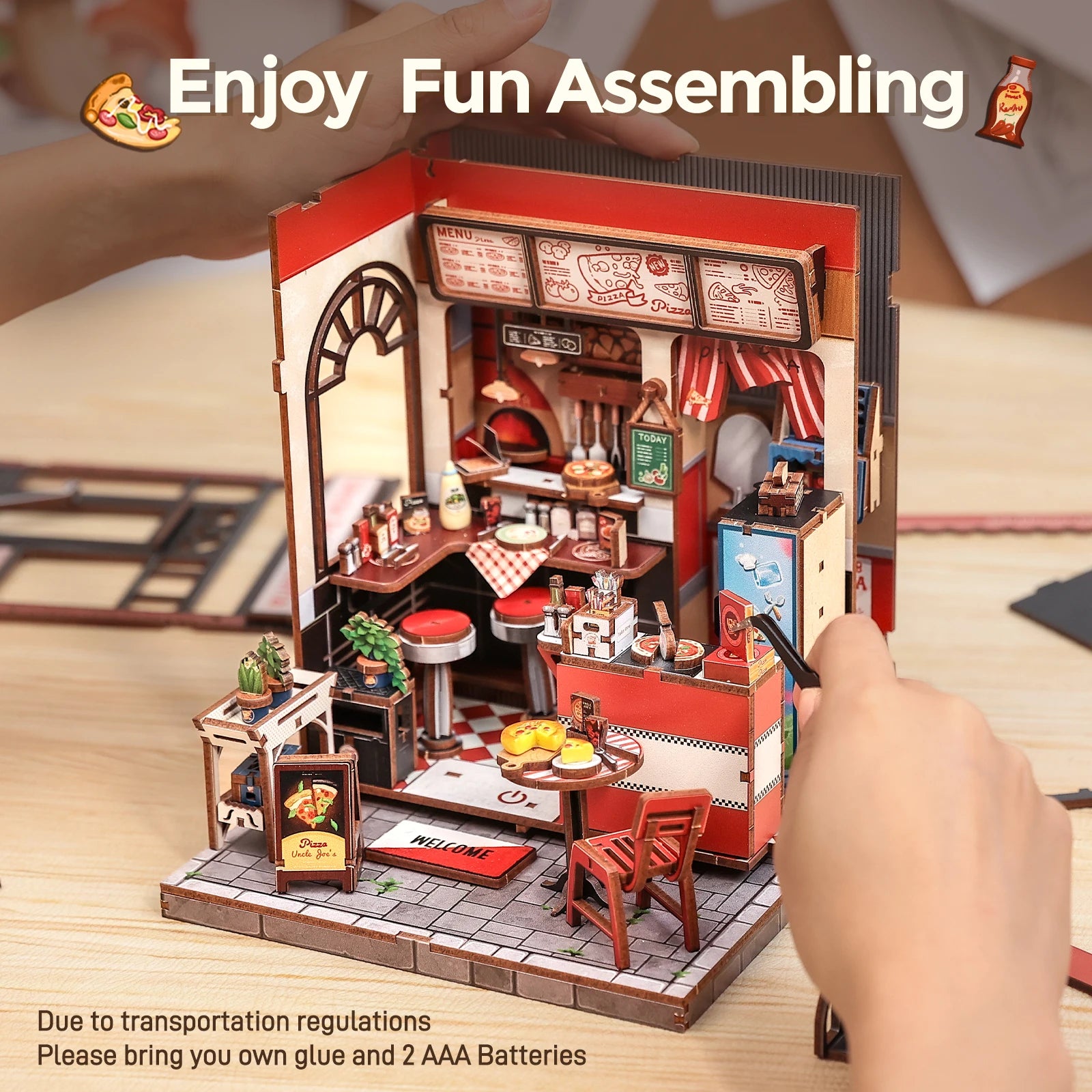 CUTEBEE Book Nook Kit DIY Doll House with LED Light Bookshelf Insert Uncle Joe's Pizzeria Miniature Model For Party Family Gift